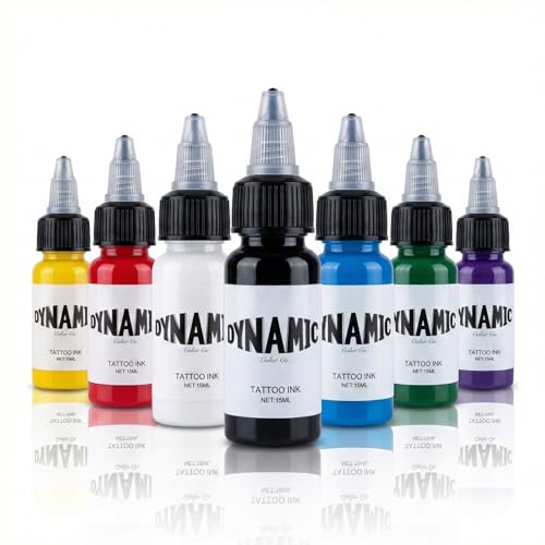 Tattoo Ink Black Red Purple Yellow Green Blue White 7PCS Dynamic Tattoo Ink Tattoo Supplies for Colouring and Mixing Vibrant Sterilized Vegan Safe and Long Lasting(15ml/Bottle)
