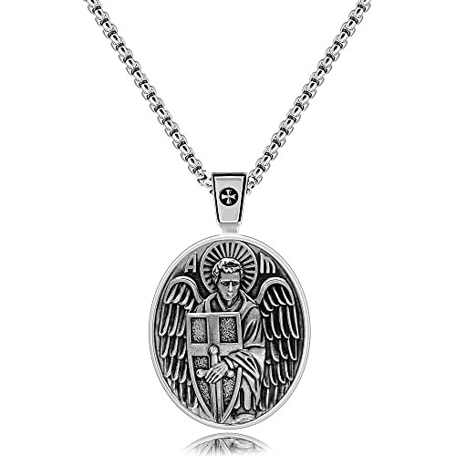 VENICEBEE® Archangel St. Michael Saint Medal Cross Sword Shield Guardian Angel Protection Christian Sacramental Solid 925 Sterling Silver Pendant Necklace + Velvet Pouch, Polishing Cloth, Gift Box2