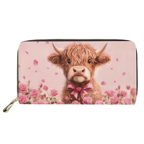 Womens Wallet Long Clutch Large Capacity Purse Valentine's Day Gifts Billfold Wallet PU Leather Clutch Bag, Highland Cow Rose Pink