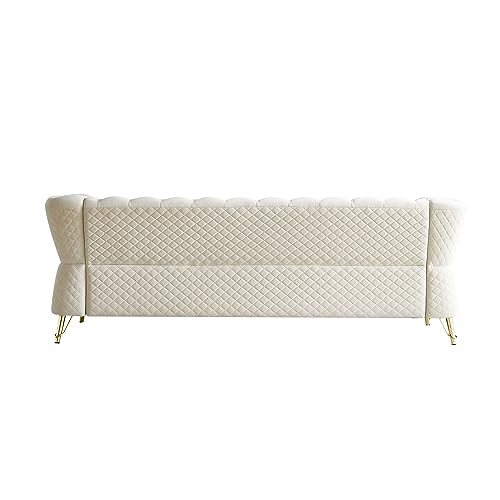 Image of KEIKI 87 inch Chesterfield Velvet Button Tufted Sofa with High Density Foam Cushions, Modern Style 3-Seater Couch with Gold Strip Trim Decoration, Easy Assembly, for Apartment, Living Room, Office, Beige