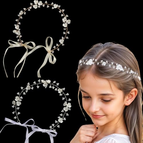 2 peças diadema de flores para menina, toque de primeira comunhão para meninas, acessórios de cabelo para meninas, coroa de flores de princesa com pérolas, acessórios para o cabelo de casamento para