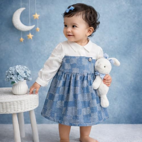 Image of Pure Cotton Baby Girl Denim Frock with attached White shirt | Soft, Elegant & Perfect for Every Occasion