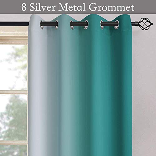 Image of SimpleHome Ombre Teal to Grey White Curtains for Living Room 52Wx63L | Room Darkening Curtains for Bedroom,Gradient Light Blocking Curtain,Thermal Insulated Grommet Window Drapes,2 Panels,63 Inch