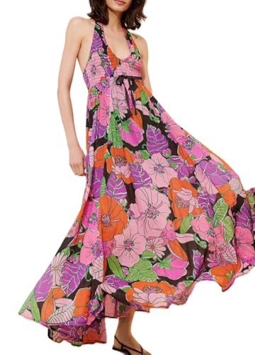 Image of Women Floral Maxi Free Dress People Dupes Sexy Sleeveless Backless A-Line Long Flowy Dress FP Dup ES Back Cut Out Spaghetti Strap Flower Summer Beach Sundress Spring Wedding Guest Dress