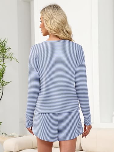 ANRABESS Womens Long Sleeve Pajama Sets 2026 Fall 2 Piece Outfits Lounge Matching Short Set Striped Pjs Loungewear Sleepwear Blue White X-Large