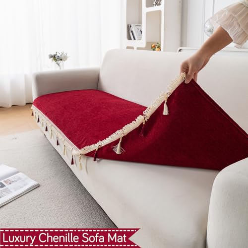 Image of HOKIPO 'Serenity Tassel' Chenille Sofa Cover 6 Seater Set with Tassels - Washable 3+2+1 Sofa Cover Mat | Crimson Ruby (IN-890 + IN-891 + IN-892 - MRN)