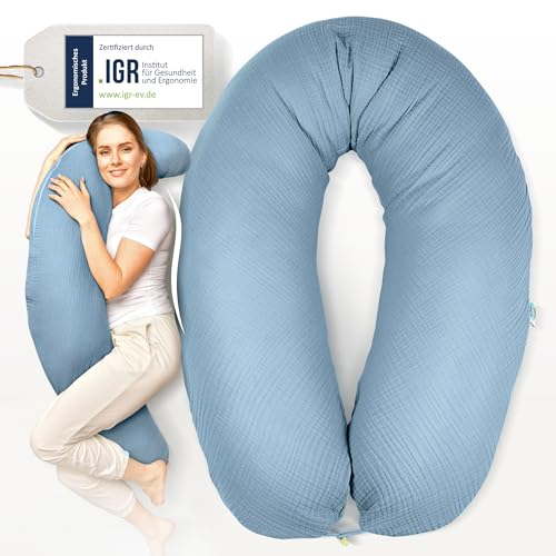 sei Design Cojín de lactancia XXL de 190 x 30 cm, con funda de muselina, ergonómico, para embarazadas, para dormir de lado, para adultos, funda de lactancia de 1100% algodón [algodón orgánico] - imagen 9