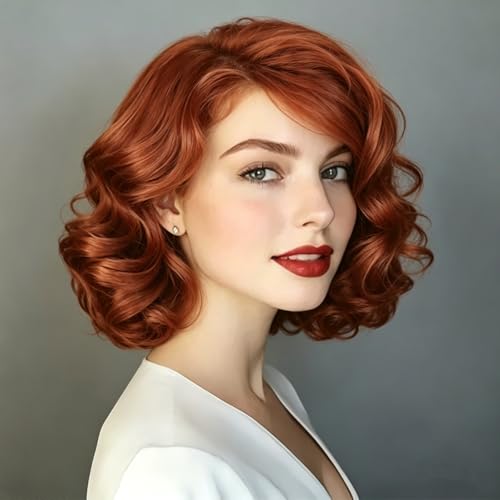 Salaibs Short Red Brown Wavy Wig for Women Copper Red Curly Bob Wig Natural Heat Resistant Wig for Daily Party Cosplay Halloween Use