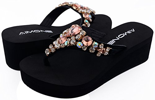 Aimone_Aurelie Flip Flops For Women Black Platform Wedge Peach Bling Rhinestone Sandals(7 M Us) #TOP5