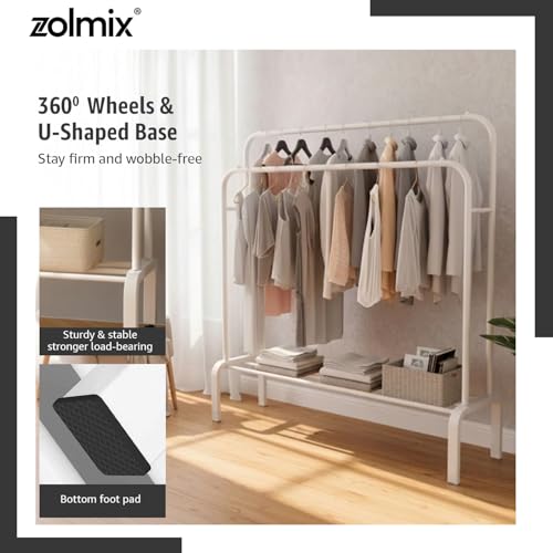 Image of ZOLMIX Heavy Duty Double Pole Clothes Stand With Bottom Shelf |clothes Hanging Stand For Bedroom, Garment Rack Organizer, Cloth Rack, Hanger Stand For Clothes Storage Rack, For Bedroom & Living Room