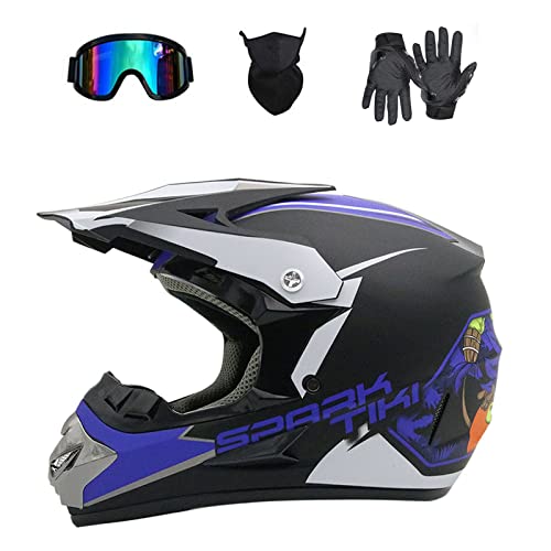 Motocross Helmet,Outdoor Full Face Dirt Bike Helmets ATV Offroad Youth Motorcycle Helmet SUV Dirt Bike Mountain Bike Helmet DOT Unisex Offroad Helmet (4 Piece Set) (Blue, Medium)