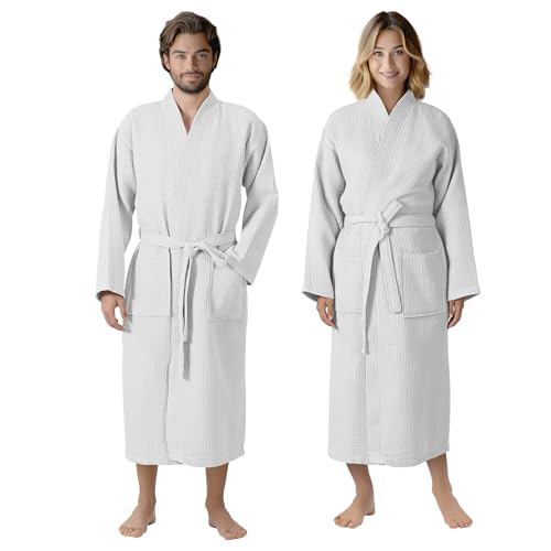 Cotton Waffle Robe - Waffle Robes for Women or Men - Waffle Knit Lightweight Spa Robes Unisex - White