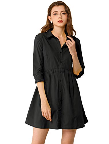 Allegra K Women's Shirt Dress Button Down 3/4 Sleeve School Work Mini Casual Shirtdresses3