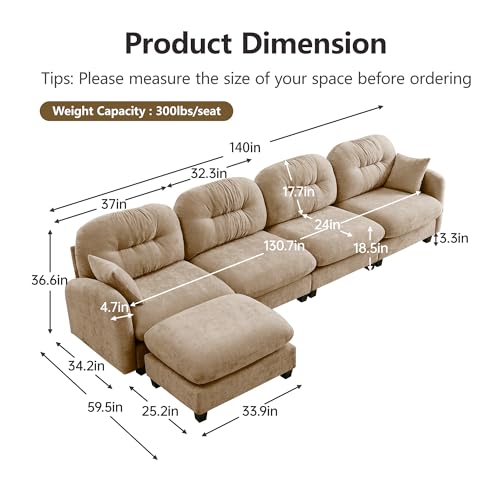 Image of KEIKI 140 inch L-Shaped Oversized Chenille Modular Sectional Sofa with 1 Ottoman, High-Density Foam Cushions, Tufted Pleated Cushion Backrest, Modern 4-Seater Couch with 2 Pillow, for Living Room, Camel