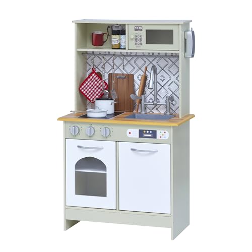 Teamson Kids Little Chef Boston Modern Farmhouse - Juego de Cocina de Madera con Funciones interactivas y 9 Accesorios de Cocina de Juego, Verde Claro/Blanco TD-12679D
