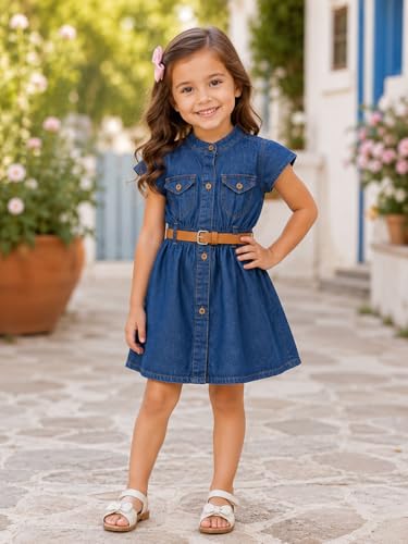 Image of Bold N Elegant Girl's Short Sleeve Front Open Stylish Cute Cotton Denim Dress Frock Tunic with PU Leather Belt and Pockets for Infant Toddler Baby Girls