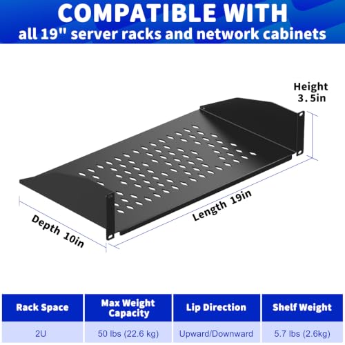 2 Pack 2U Cantilever Universal Rack Shelf, 10in Deep, 50lb Capacity by Yantuo - Used condition - Image 2
