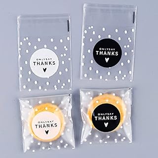 burkfeeg 200 Pcs Self Adhesive Cookie Bags Polka Dot Candy Bags Small Self Seal Cellophane Bags Self Adhesive Bags with "THANKS" Sign for Christmas Birthday Halloween (7*7+3cm)