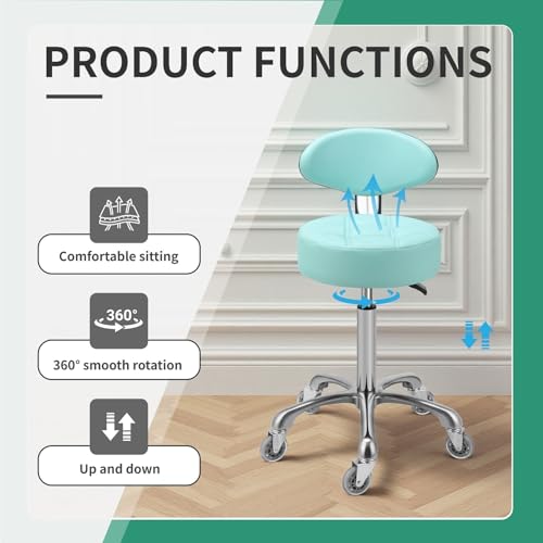 Image of Kaleurrier Rolling Stool with Back Support: Adjustable Height 22-30 inches for Nail Lash Tech Stylist - Heavy Duty Stool Chair with Wheels for Salon Shop Office Kitchen Garage Workshop