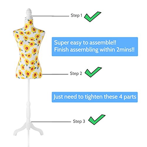 DRDINGRUI Dress Form w/Stand, Female Mannequin Torso for Dress Jewelry Display, Floral Mannequin Body, Yellow Sunflower - Thumbnail 4