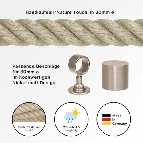 Handlaufseil-Set Ø 30 mm – 3 m Polyhanf-Seil „Nature Touch“ naturfarben mit 2 Endkappen & 3 Seilträgern, vernickelt | Treppe & Geländer
