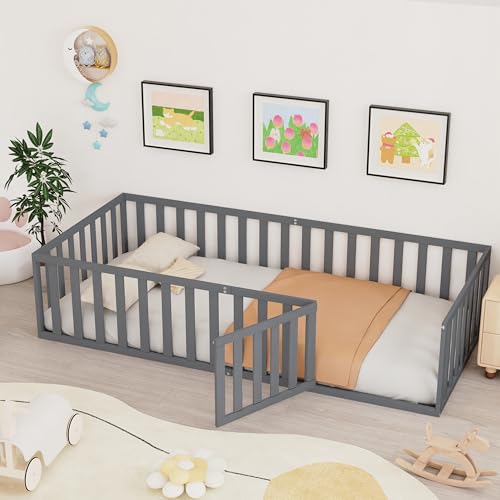 Image of Twin Size Floor Bed for Kids, Wood Montessori Floor Beds with Guardrails & Detachable Door, Multifunctional Montessori Bed Frame for Boys Girls, Standard Size, No Weight Limit, Easy Assemble, Gray