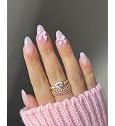 short almond press on nails，Pink bow press on nails，Shining acrylic nails，Full Coverage False Nai...