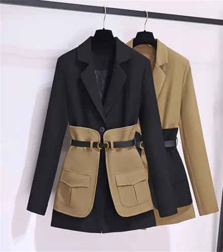 Women's Blazer Jacket Fashion Belted Coat Spring Patchwork Color Jacket Outwear2