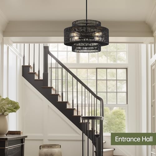 Image of 4-Light Black Boho Rattan Chandelier Light Fixture, 17.7 inch Hand Woven Rustic Chandeliers Farmhouse Chandelier Hanging Light for Dining Room Kitchen Island, Living Room, Foyer