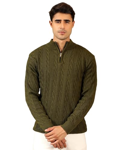 Image of Kvetoo Men's Wool High Neck Zipper Sweater, Full Sleeve Cable Knit Quarter Zip Winter Pullover Olive Size 2XL