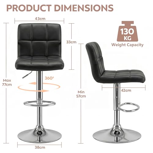 Image of Decor & More - Modern Height Adjustable Bar Chairs for Home | 360 Degree Swivel Seat Top | Bar Chair for Home Kitchen with Footrest | Set of 2 (Metal) - Black