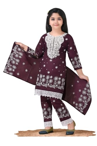 Image of Girls Traditional Rayon Salwar Suit Set with White Embroidery, 3-Piece Ethnic Wear with Lace Detail and Floral Pattern