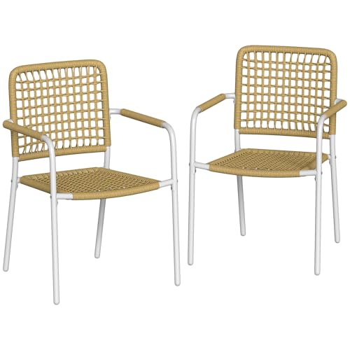 Outsunny Lot de 2 Chaises de Jardin en Résine Tressée, Chaise de Salle à Manger Empilables avec Accoudoirs et Dossier, Fauteuil de Jardin Exterieur pour Balcon Terrasse Patio, Jaune