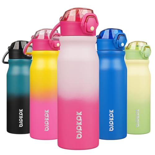 Image of BJPKPK 25 oz Insulated Water Bottle, Straw, Handle, Stainless Steel Flask | Leak Proof Locking Lid, Thermal, Double Wall Vacuum, Keeps Hot /Cold, Dishwasher Safe, Travel & Sports, Cherry Blossom