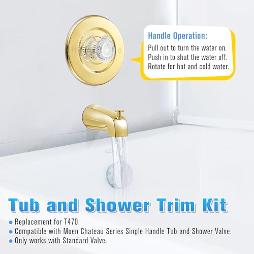 Image of Enhon Tub and Shower Trim Kit, Shower Trim Compatible with Moen Chateau T470 Single Handle Tub /Shower Standard Valve, Escutcheon Screws Tube and Handle(Polished Brass, Knob)