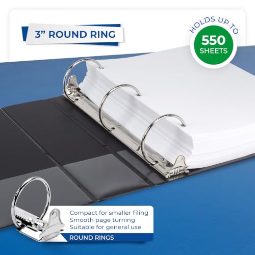 Image of Samsill 3 Inch 3 Ring Binders, Economy Round Ring, Clear View Cover, 550 Sheet Capacity - for School, Home, Office - Black, 4 Pack