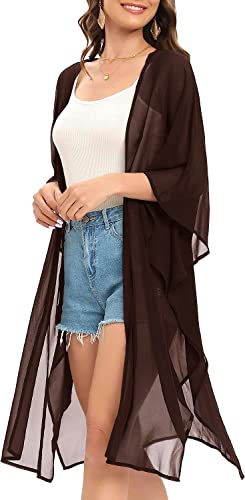 Image of Indian Trendy Women's Solid Puff Sleeve Kimono Long Cardigan Loose Cover Up Casual Blouse Top Chiffon