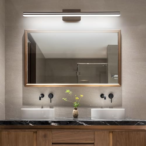 Image of SineRise LED Modern Bathroom Vanity Light Fixtures (40-Inch, 3000K /4000K /6000K, Dimmable), Brown Wood Painted Modern Acrylic Bathroom Wall Lighting Fixtures Over Mirror