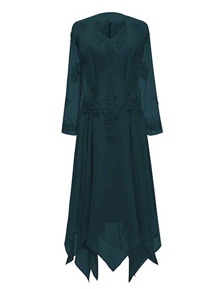 Leader of the Beauty 2 Piece Chiffon V-Neck Tea Length Mother of The Bride Dress Appliques Formal Evening Gowns with Long Sleeves Jacket 20 Teal