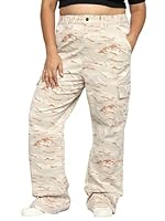 Plus Size Women Cotton Denim-Wide Leg (Loose Fit) ARMY PRINT CARGO Jeans- HIGH RISE -NON STRETCH- Green/Beige Color- Elastic Waist Size (2XL)36/ (3XL)38/ (4XL)4 /(5XL)42 /(6XL)44 inch (40, Army Beige)