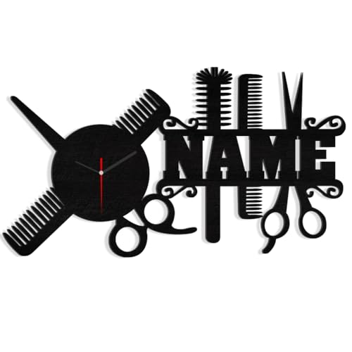 JeathFea Personalized Hairdresser Gifts Wall Clock Custom Name Wall Art Clock Metal Fun Salon Barber Shop Wall Clock with Scissors and Comb Pattern for Bedroom Living Room Kitchen