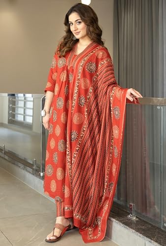 Image of Arayna Women's Pure Cotton Intricate Block Printed Ethnic Wear Kurta Set with Palazzo & Dupatta