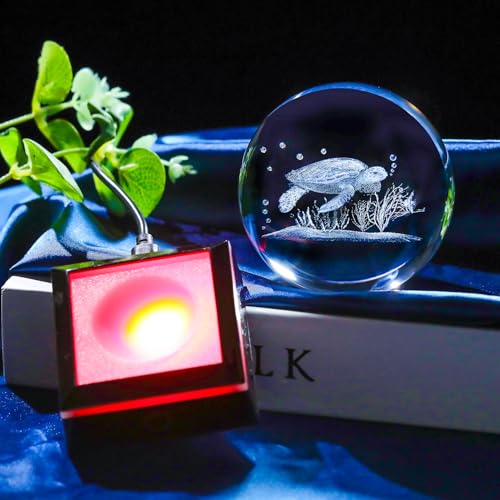 Image of 3D Crystal Ball Sea Turtle Gifts for Women Men Snow Globe Ornament with LED Base Night Light, Laser Engraved Sea Turtle Decor Figurines Gifts for Turtle Lovers