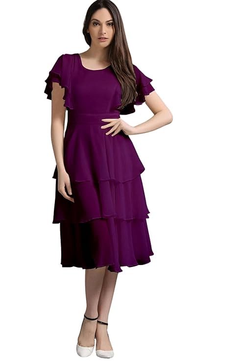 Image of Women Layered Georgette Fit & Flare Midi Dress | Round Neck Flutter Sleeve Knee Length Dress | Tiered Party Dress for Women Evening and Casual Styling