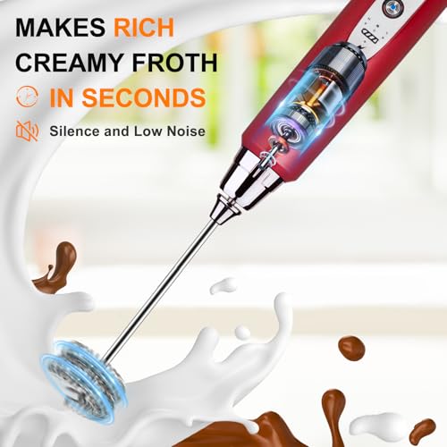 Image of YUSWKO Red Milk Frother Handheld with 3 Heads, Coffee Whisk Foam Mixer with USB Rechargeable 3 Speeds, Electric Mini Hand Hand Frother for Latte, Cappuccino, Hot Chocolate, Egg