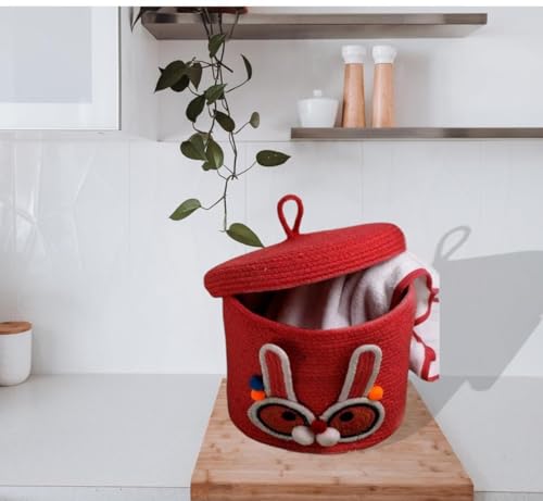 Image of Aroma Brand Kids Lid Basket with Beautiful Characters - Rope Storage Basket for Baby Diaper, Stuffed Animal Storage Bin Rope Basket for Kids Toy, Baby Laundry Baskets with Lid (Red Rabbit)