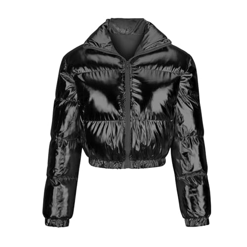 Women's Y2K Cropped Puffer Jacket Quilted Shiny Winter Bubble Padded Puffy Coats Stand Collar Zip Up Outerwear3