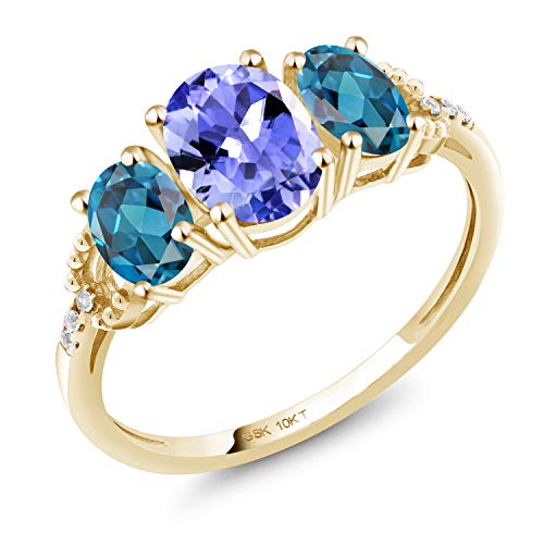 Gem Stone King 10K Yellow Gold Oval Blue Tanzanite London Blue Topaz and Diamond 3-Stone Women Engagement Ring (1.97 Cttw, Gemstone Birthstone, Available In Size 5, 6, 7, 8, 9)