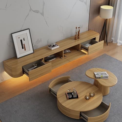 Image of Floating TV Stand Wall Mounted - Wall Entertainment Center with Flip-Down Doors & Drawers, Modern Hanging TV Shelf for Living Room, Media Console for 65 /75 80 Inch TVs (Wood - B, 55IN /140CM)