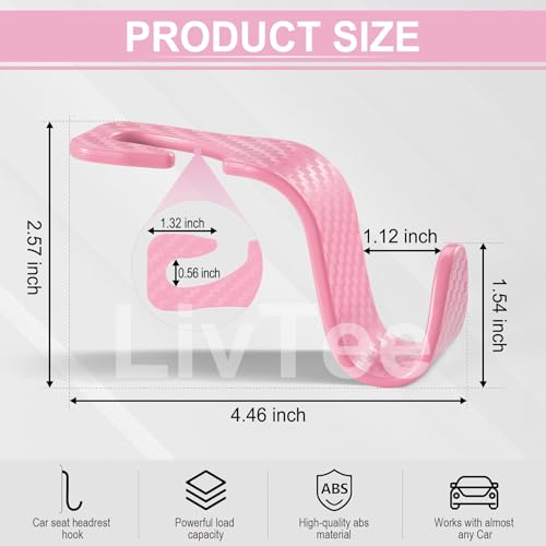 Image of LivTee Car Purse Hook, Headrest Hook for Car, 4 Pack Universal Auto Car Seat Headrest Hook Hangers Organizer for Purse Coat Umbrellas Grocery Bags Handbag, Car Accessories - Carbon Fiber Pink
